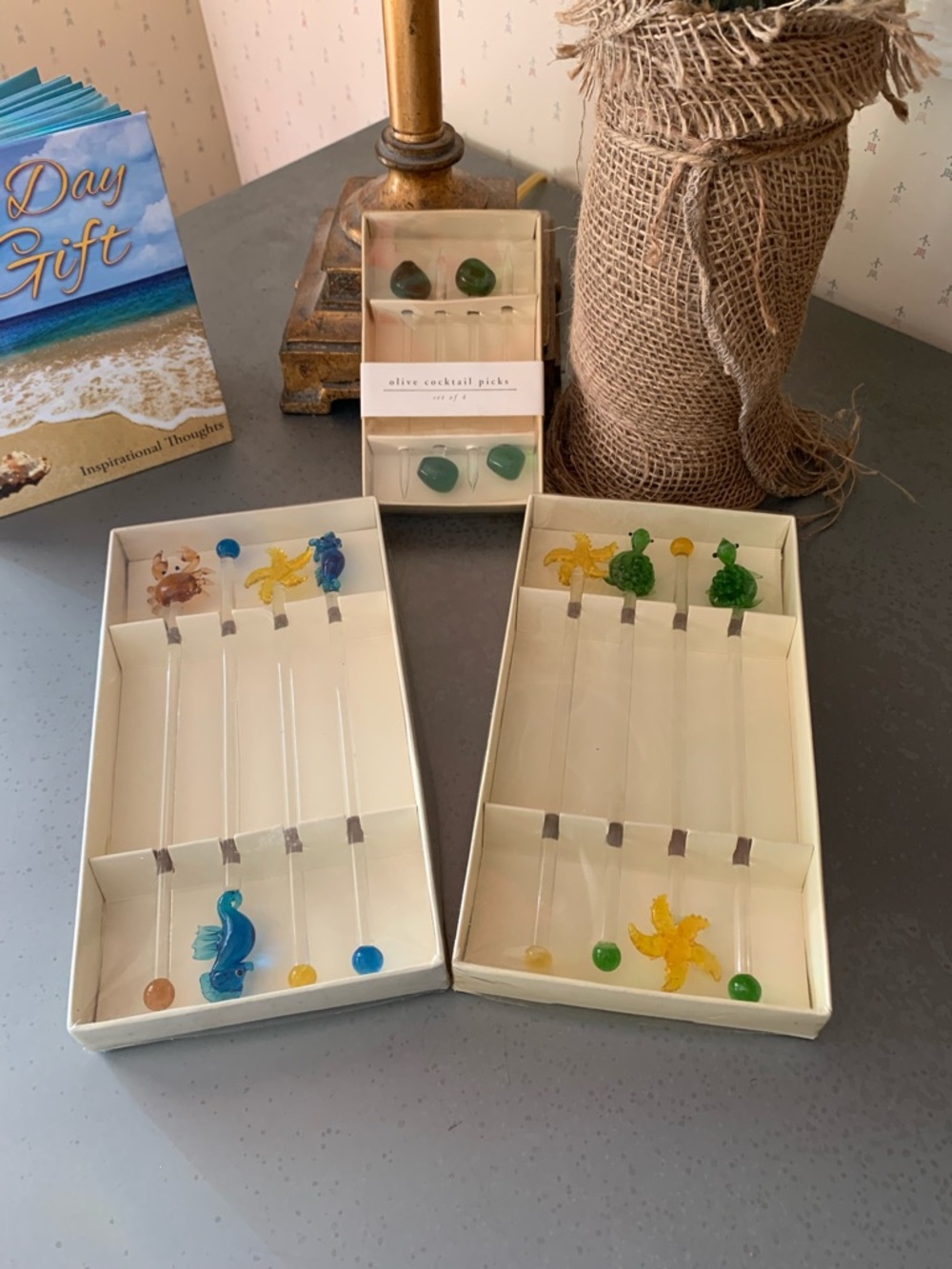 Pier1 NEW IN BOX, glass cocktail swizzle sticks and olive picks. BEACH THEAM.